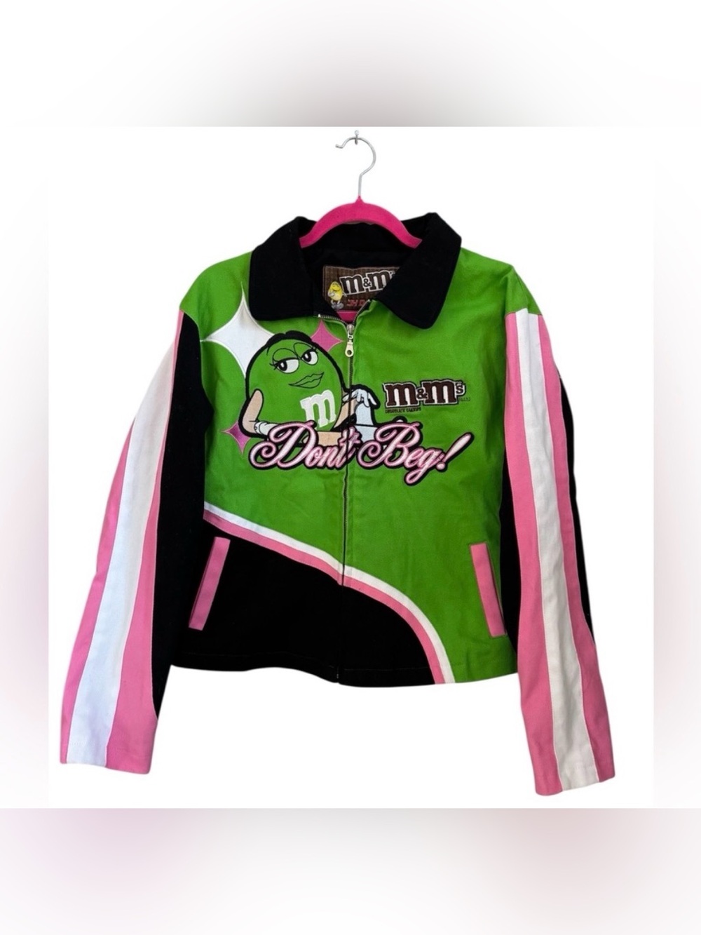 Vintage Y2K M&M’s “Don’t Beg” Racing Jacket in Green, Pink & Black Size 2XL